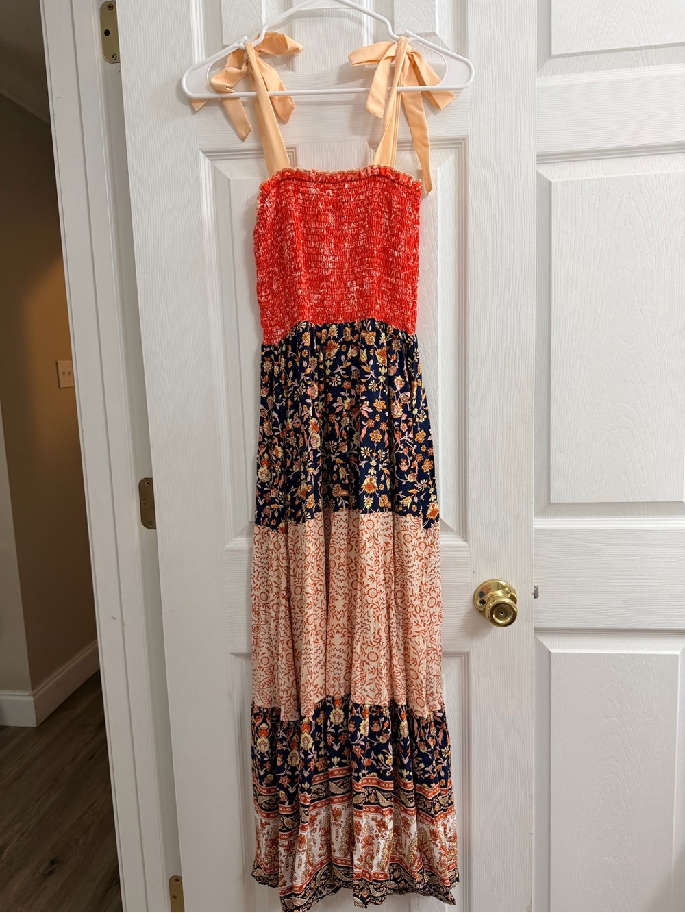 Smocked Tie-Shoulder Maxi Dress in Coral, Navy and Cream